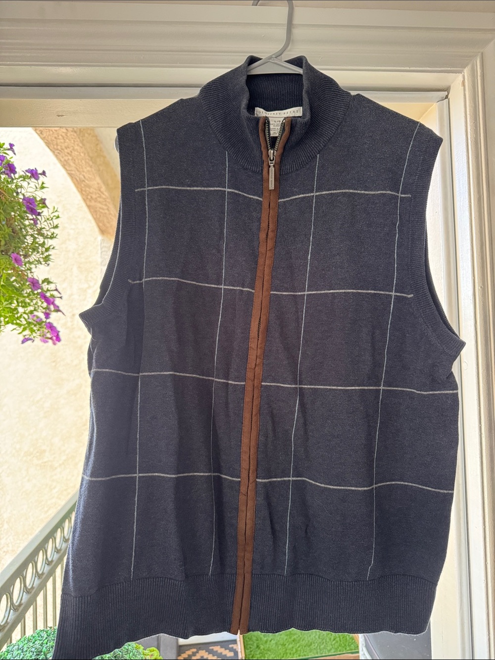 Geoffrey Beene Navy Windowpane Zip Front Vest with Brown Trim